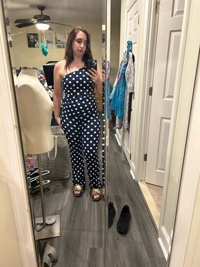 Fashion Nova Navy One-Shoulder Polka Dot Jumpsuit